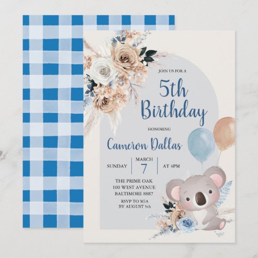 Koala en Pampas Grass Dark Blue Birthday Party Kaart (Voorkant / Achterkant)