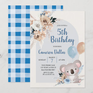 Koala en Pampas Grass Dark Blue Birthday Party Kaart