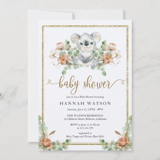 Koala Eucalyptus Woodland Elegant Baby shower Kaart (Voorkant)