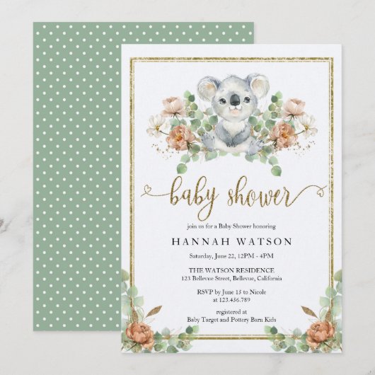 Koala Eucalyptus Woodland Elegant Baby shower Kaart (Voorkant / Achterkant)