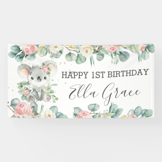 Koala Floral Eucalyptus Greenery Welkomstachtergro Spandoek (Horizontaal)