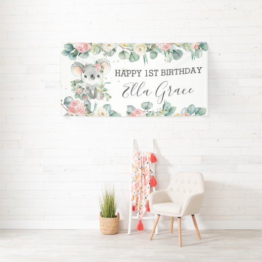 Koala Floral Eucalyptus Greenery Welkomstachtergro Spandoek (Insitu)