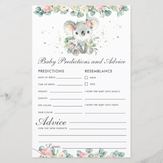Koala Floral Greenery Baby Predictions and Advice (Voorkant)