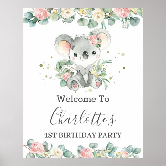 Koala Floral Greenery Baby shower Birthday Welkom Poster (Voorkant)