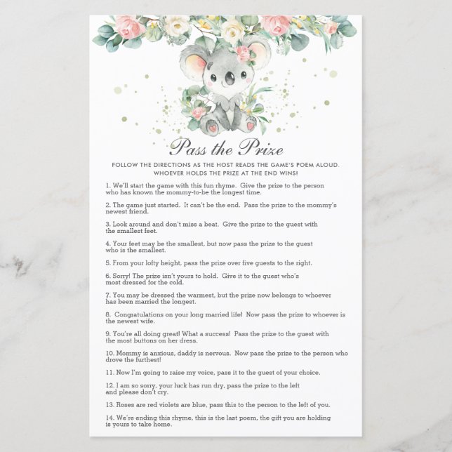 Koala Floral Greenery Baby Shower Pass the Prize  (Voorkant)
