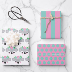 Koala Floral Pastel Wrapping Paper Sheet