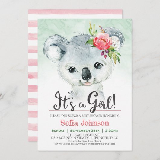 Koala Girl Baby shower Invitation Kaart (Voorkant / Achterkant)