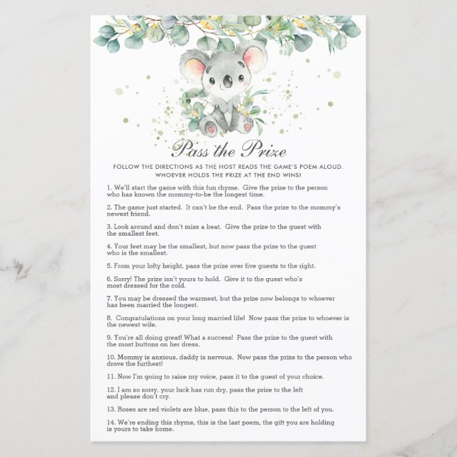 Koala Greenery Baby Shower Pass the Prize  (Voorkant)