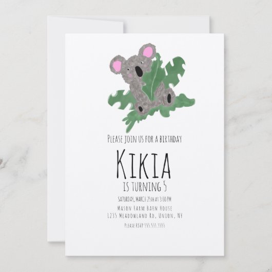 Koala Hand Drawn Animal Green Birthday Party Kaart (Voorkant)