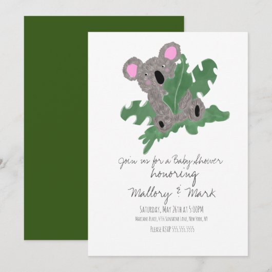Koala Handgetekende Baby Shower Kaart (Voorkant / Achterkant)