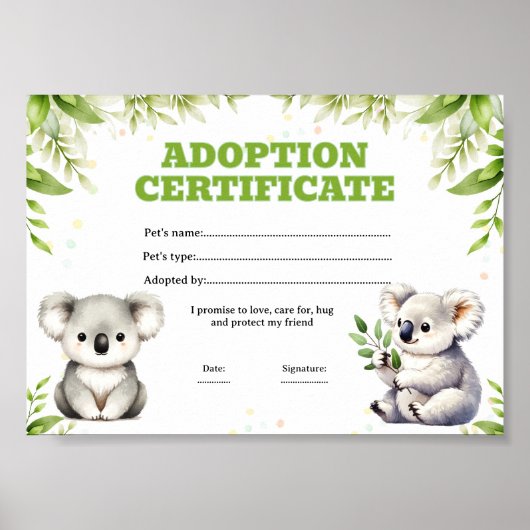 Koala huisdieradoptie kleurcertificaat poster (Voorkant)