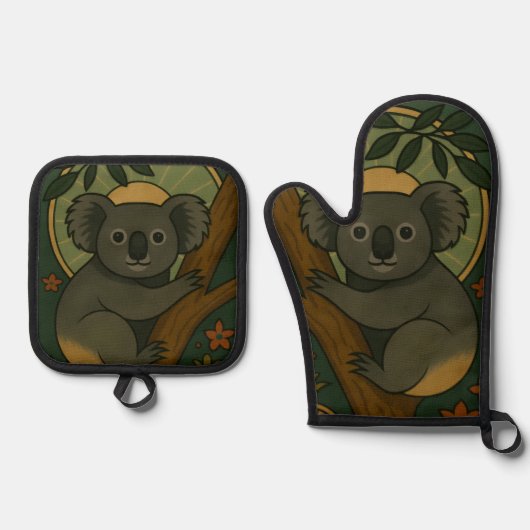 Koala in het botanische mandala ovenwant & pannenlap set (Voorkant)