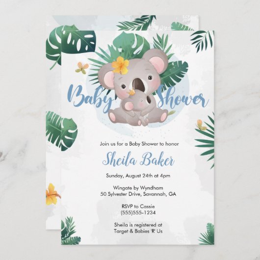 Koala Invitation, Koala Boy Baby shower Kaart (Voorkant / Achterkant)