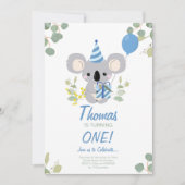 Koala Jongen Eerste Verjaardag Blauwe Uitnodiging (Voorkant)