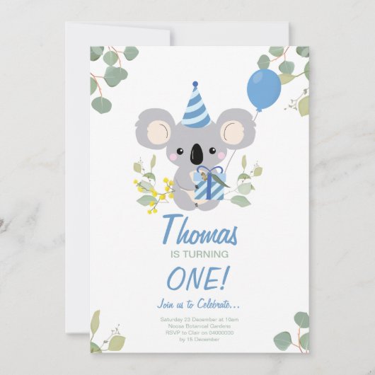 Koala Jongen Eerste Verjaardag Blauwe Uitnodiging (Voorkant)