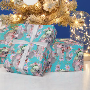 Koala Kerst Botanische Vintage Blauw Cadeaupapier