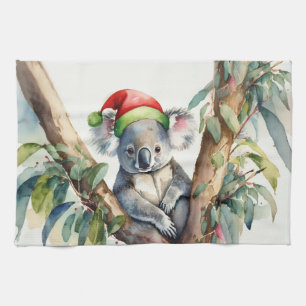Koala Kerstman Hoed zittend in een eucalyptusboom Theedoek