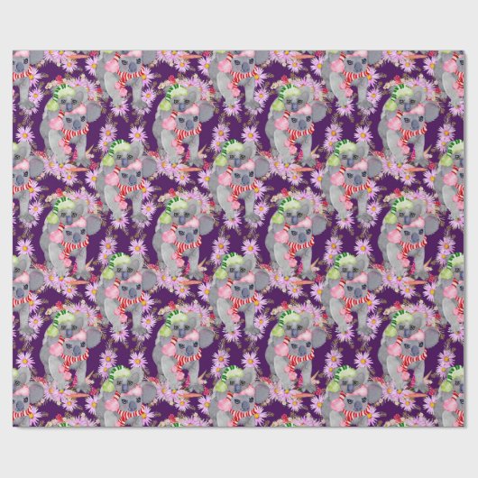 Koala Kerstmis Botanische Feestelijke Paarse Cadeaupapier (Vlak)