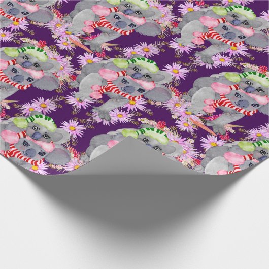 Koala Kerstmis Botanische Feestelijke Paarse Cadeaupapier (Hoek)