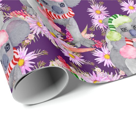 Koala Kerstmis Botanische Feestelijke Paarse Cadeaupapier (Rol Hoek)