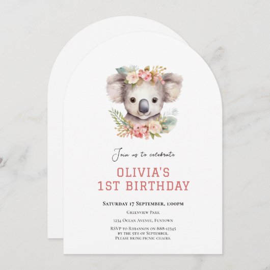Koala leuke eerste verjaardag uitnodiging (Voorkant / Achterkant)