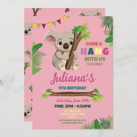 Koala Leuke Meisjes Feest Verjaardag Roze Kaart (Voorkant / Achterkant)