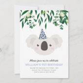 Koala met blauw feest Pet verjaardagsuitnodiging Kaart (Voorkant)