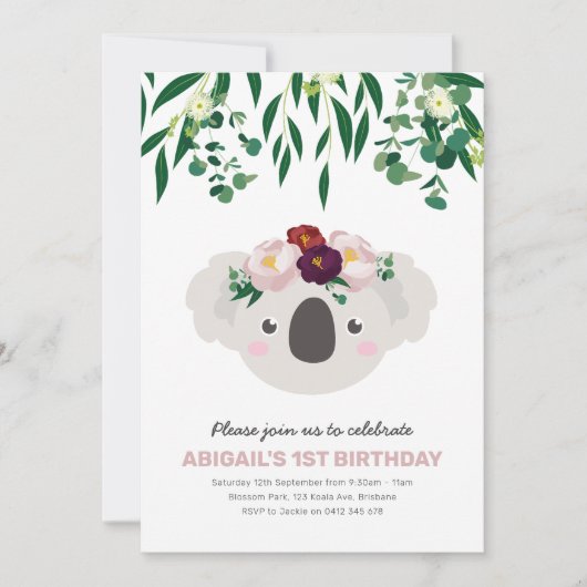 Koala met Bloem Kroon Verjaardag Uitnodiging (Voorkant)