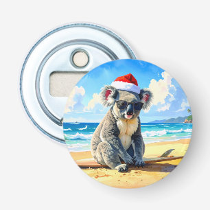 Koala met kerstmuts geniet van zon en branding button flesopener