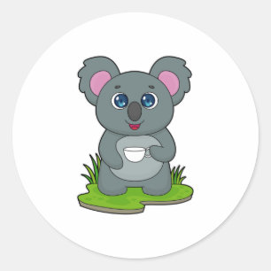Koala met koffiebeker ronde sticker