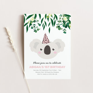 Koala met roze feest Pet verjaardagsuitnodiging Kaart