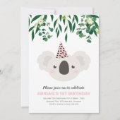 Koala met roze feest Pet verjaardagsuitnodiging Kaart (Voorkant)
