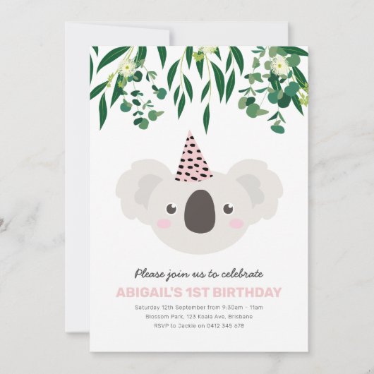 Koala met roze feest Pet verjaardagsuitnodiging Kaart (Voorkant)