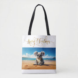 Koala op een zandstrand Vrolijk kerstfeest Tote Bag