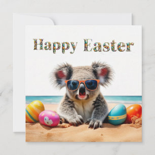 Koala op het strand met paaseieren Happy Easter Feestdagenkaart