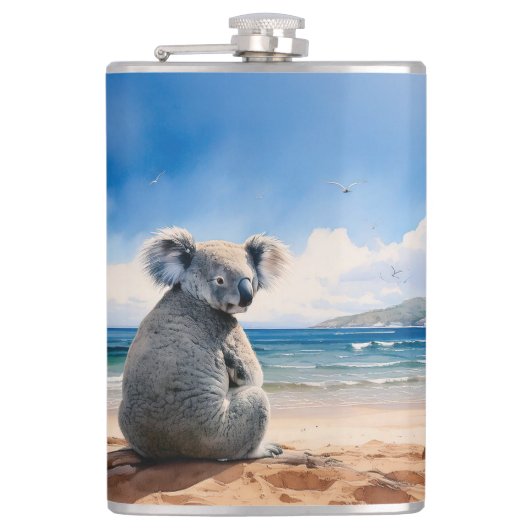 Koala op zandstrand heupfles (Voorkant)
