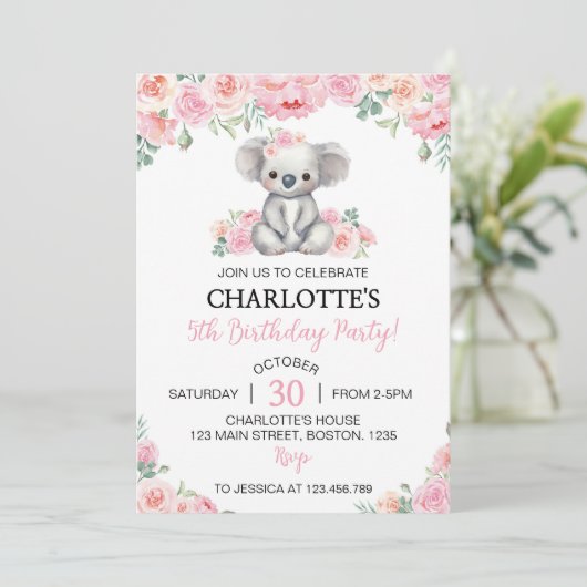 Koala Roze Bloemen Greenery Meisje Verjaardagsfees Kaart (Staand voorkant)