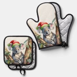 Koala Santa Hat zit in een gumtree Ovenwant & Pannenlap Set