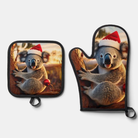 Koala Santa Hat Zittend in Gumtree Ovenwant & Pannenlap Set (Voorkant)