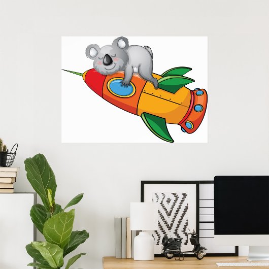 Koala slapen op kleurrijke raket poster