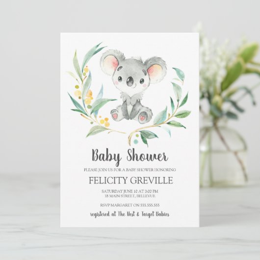 Koala Struik Baby | Baby douche uitnodigingen (Staand voorkant)
