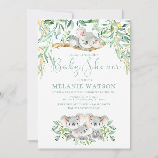 Koala Struik Baby Baby Douche Uitnodigingen (Voorkant)