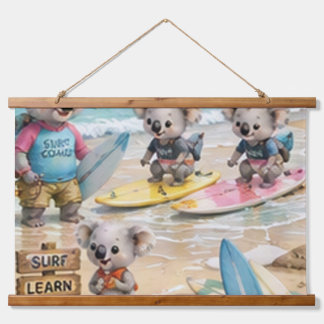 Koala Surf School Plezier op een Zonnig Strand Hangend Wandkleed