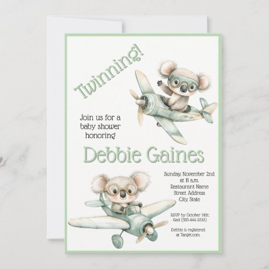 Koala Tweeling Baby Shower Uitnodiging | Geslachts (Voorkant)