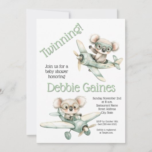 Koala Twin Baby shower Uitnodiging | genderneutraa (Voorkant)