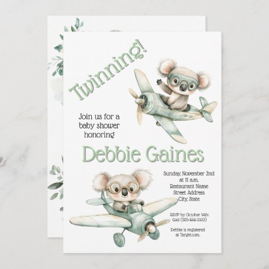 Koala Twin Baby shower Uitnodiging | genderneutraa (Voorkant / Achterkant)