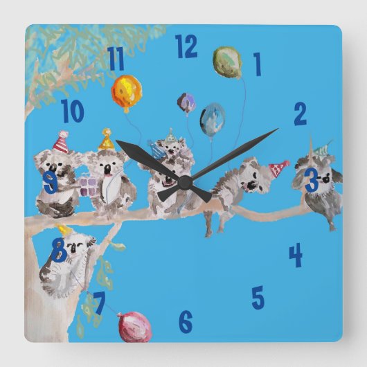 Koala Waterverf Art Blue Childs Nursery Clock Vierkante Klok (Voorkant)