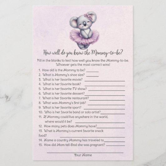 Koala Wie kent Mama Beste Baby shower Game Kaart (Voorkant)