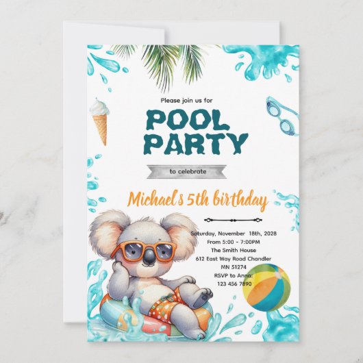 Koala zwembadfeest verjaardagsuitnodiging kaart (Voorkant)