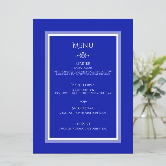 Kobalt blauw aanpasbaar menu voor bruiloft (Staand voorkant)